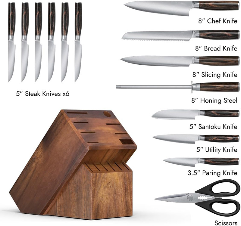 15pk Wood Handle Kitchen Knife Set with Acacia Wood Block