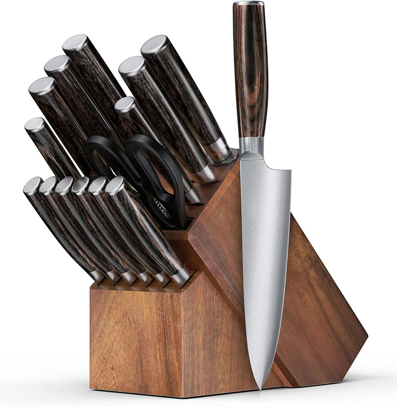 15pk Wood Handle Kitchen Knife Set with Acacia Wood Block