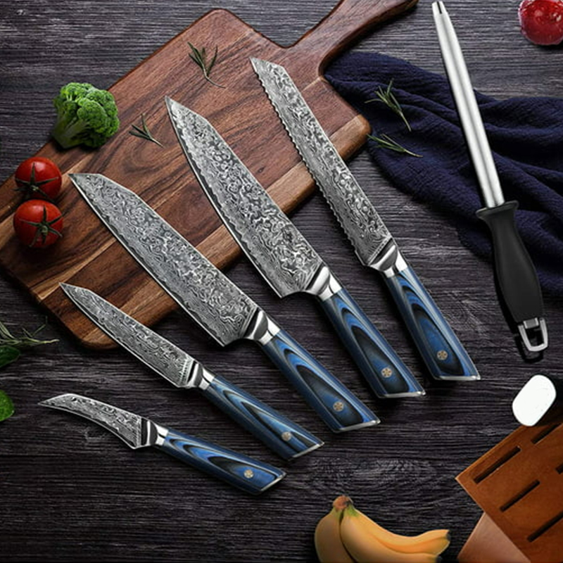 Custom Damascus Kitchen Knife Cutlery Set