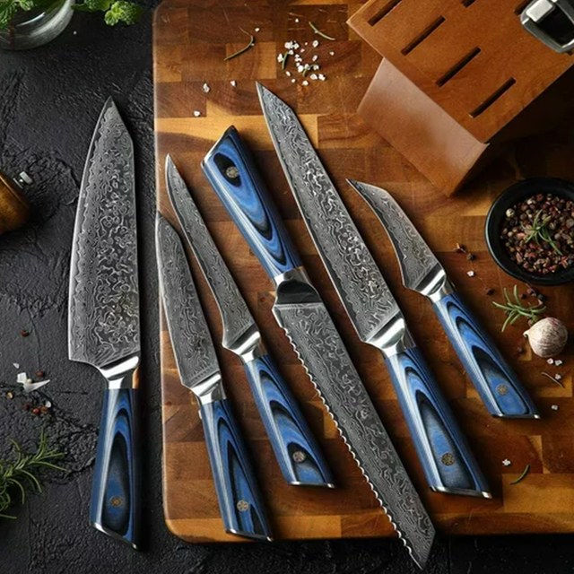 Custom Damascus Kitchen Knife Cutlery Set