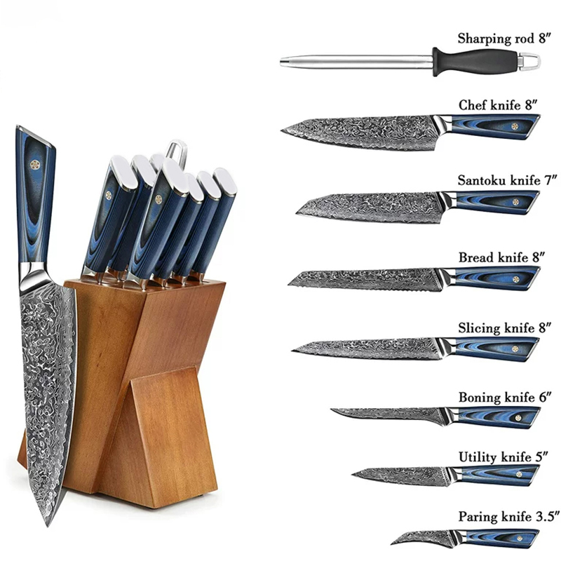 Custom Damascus Kitchen Knife Cutlery Set