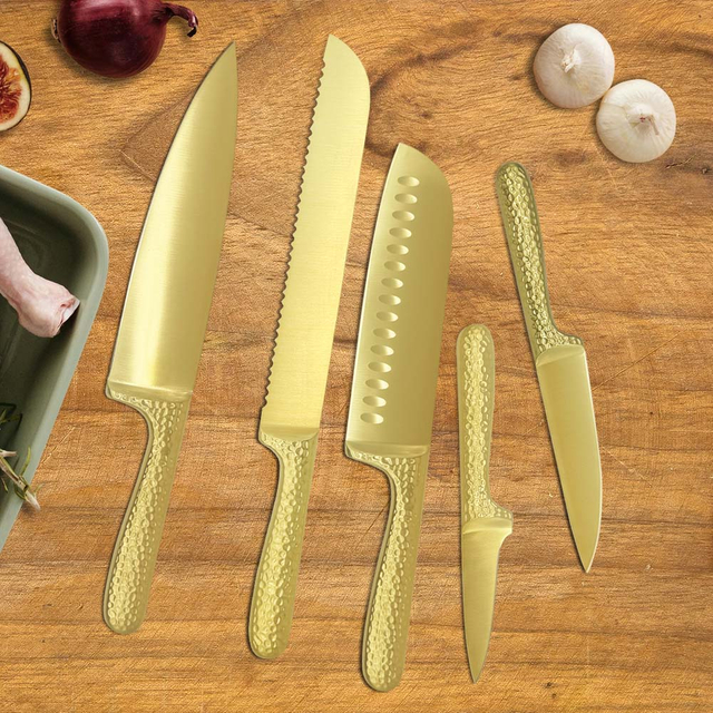 Hammered Gold 12pk Hollow Handle Kitchen Knife Set with Block