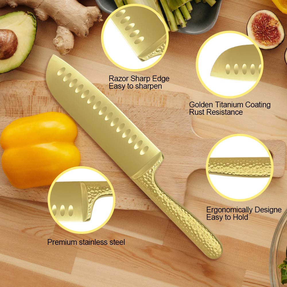 Hammered Gold 12pk Hollow Handle Kitchen Knife Set with Block