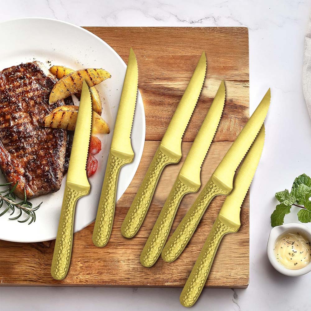 Hammered Gold 12pk Hollow Handle Kitchen Knife Set with Block